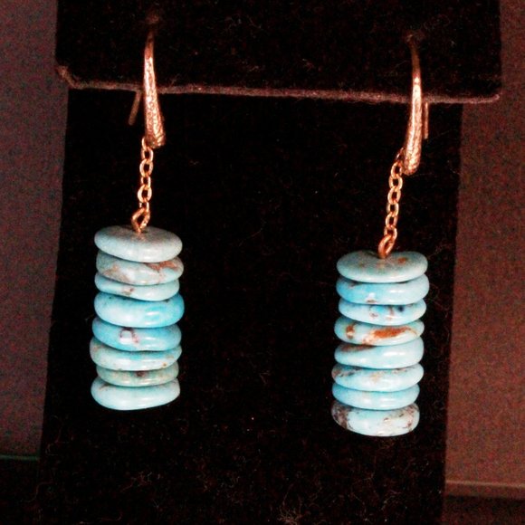 Sterling Silver Vermeil Marked 925 Italy Turquoise Flat Beaded Dangle Earrings - Picture 1 of 10